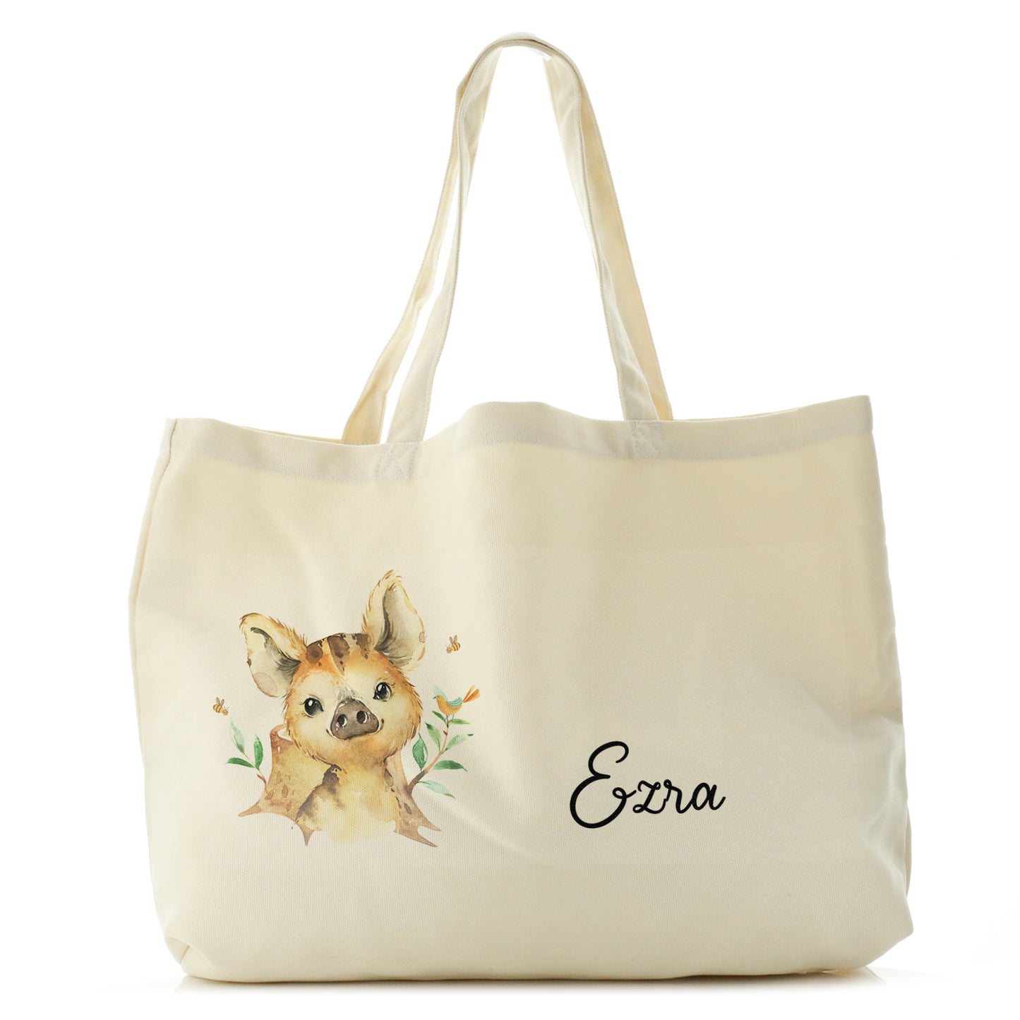 Personalised Canvas Tote Bag with Wild Boar Piglet with Bird and Bees and Cute Text