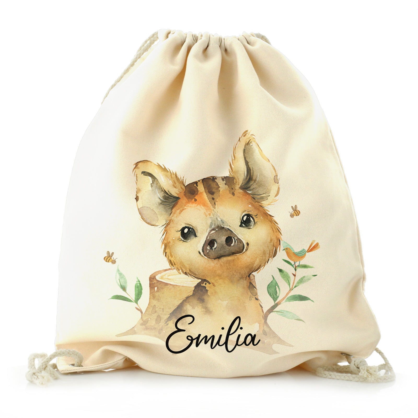 Personalised Canvas Drawstring Backpack with Wild Boar Piglet with Bird and Bees and Cute Text