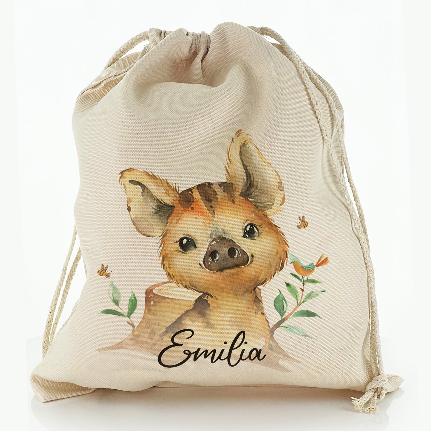 Personalised Canvas Sack with Wild Boar Piglet with Bird and Bees and Cute Text