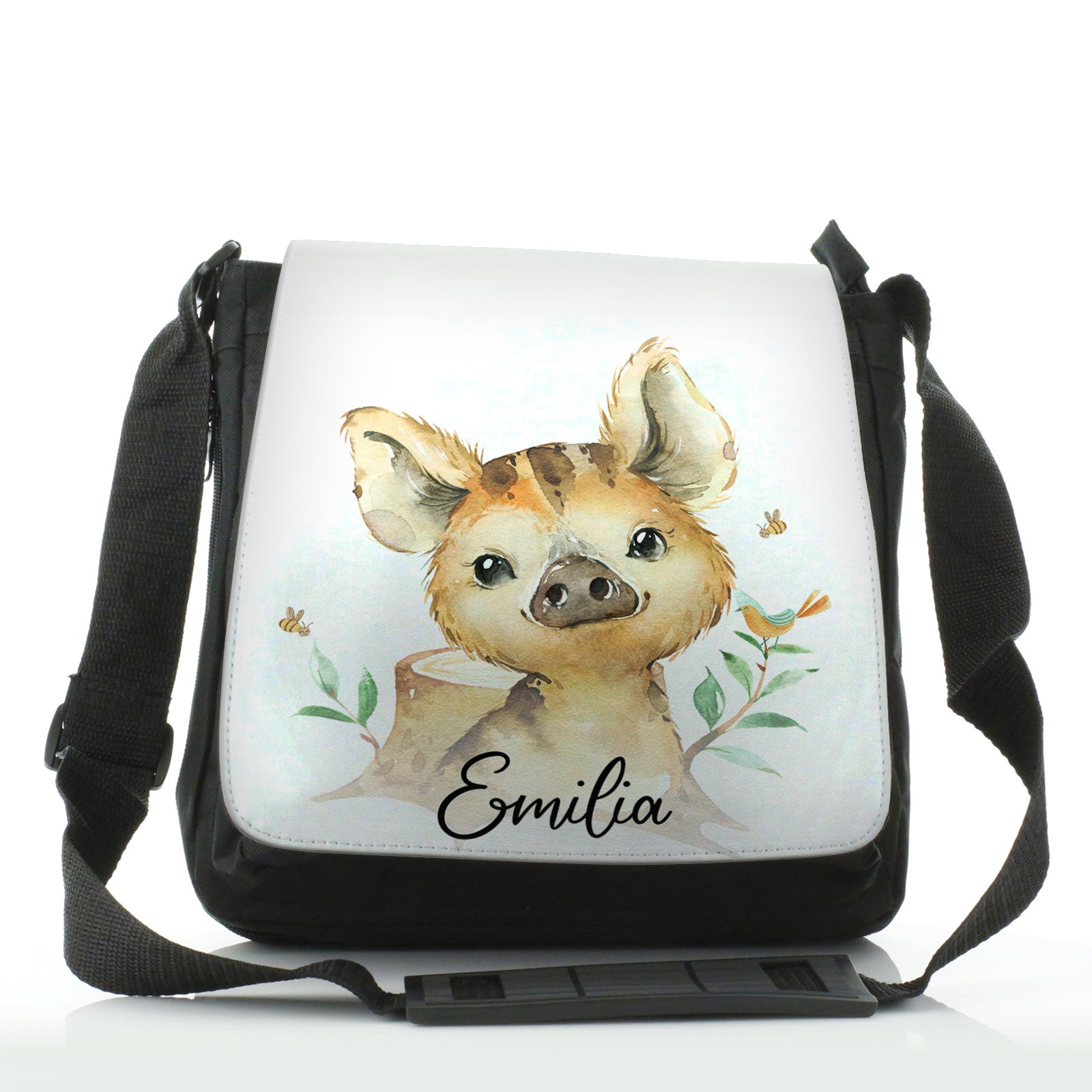 Personalised Shoulder Bag with Wild Boar Piglet with Bird and Bees and Cute Text