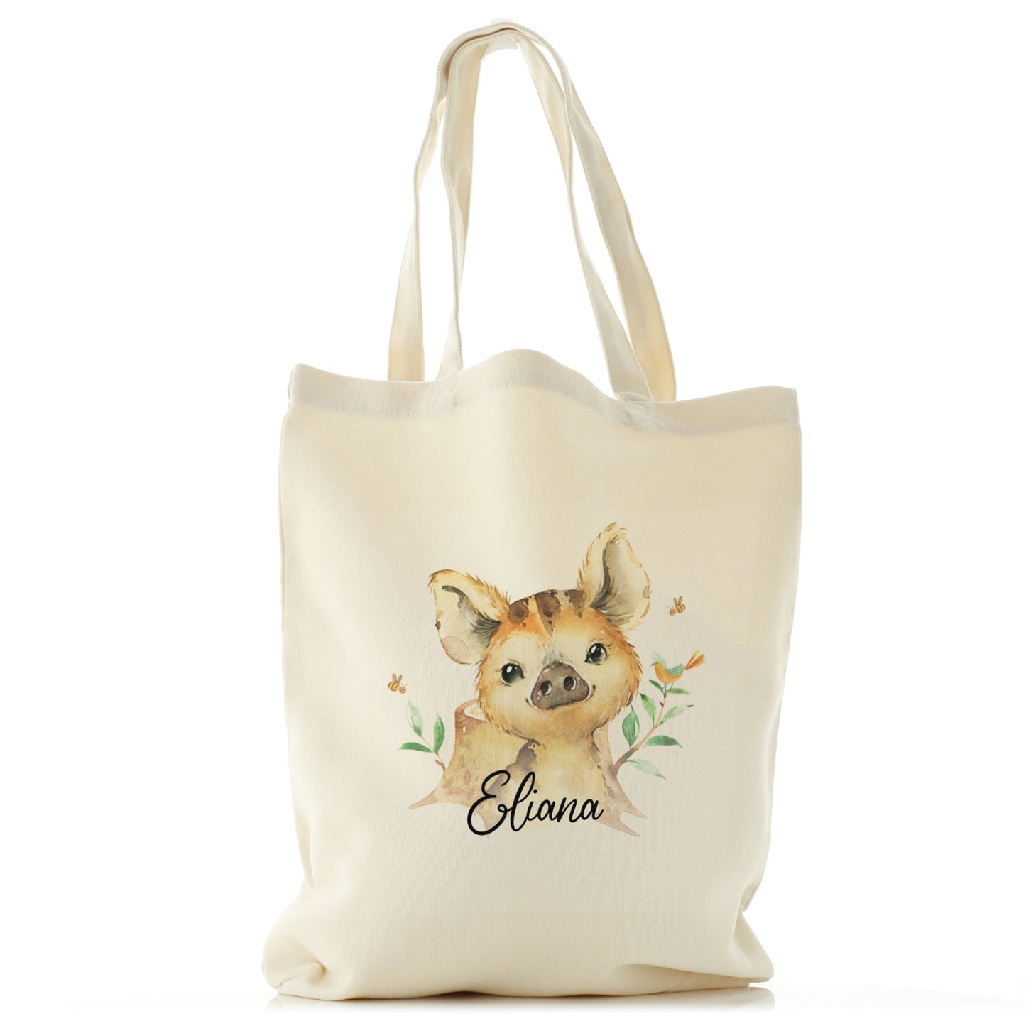 Personalised Canvas Tote Bag with Wild Boar Piglet with Bird and Bees and Cute Text