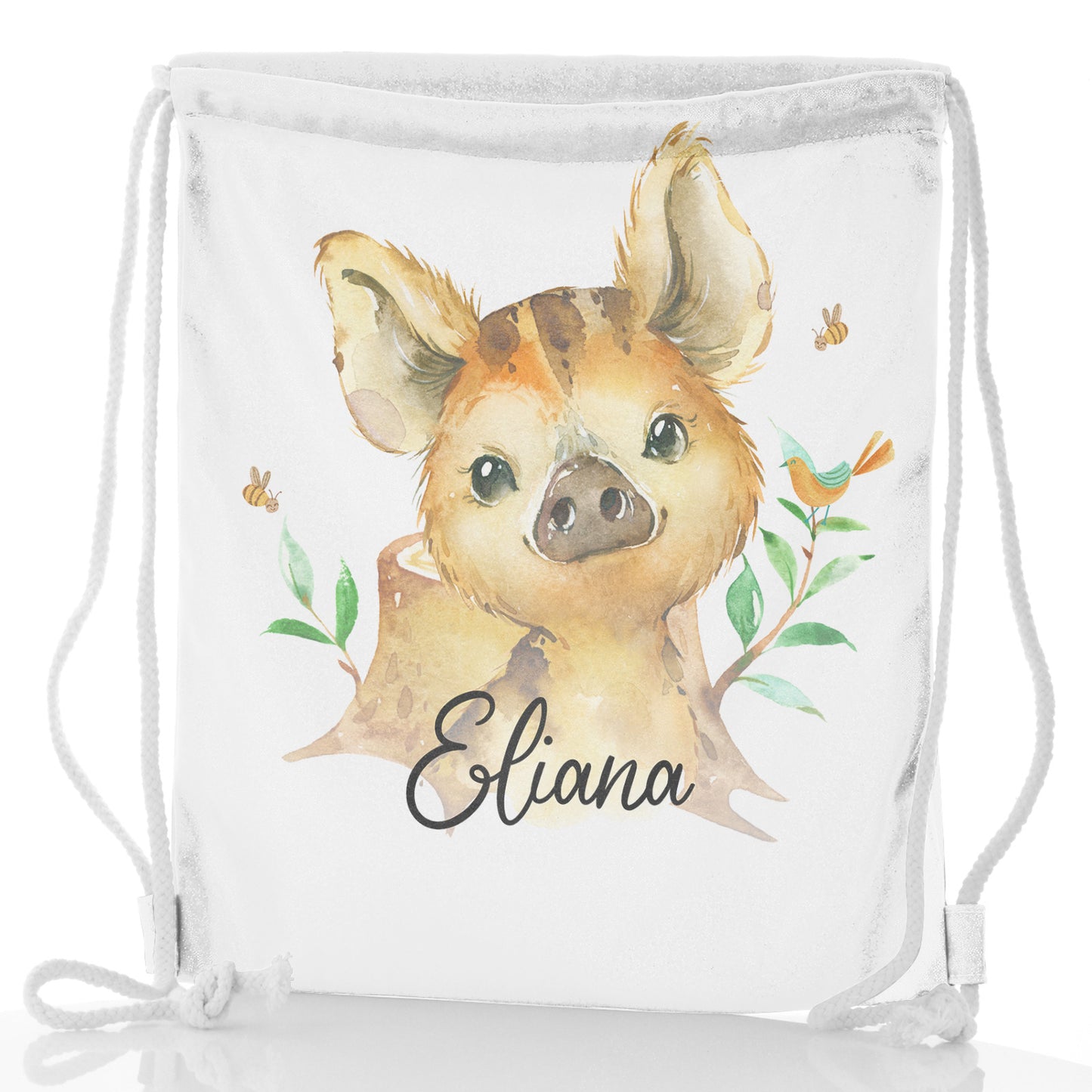Personalised Glitter Drawstring Backpack with Wild Boar Piglet with Bird and Bees and Cute Text