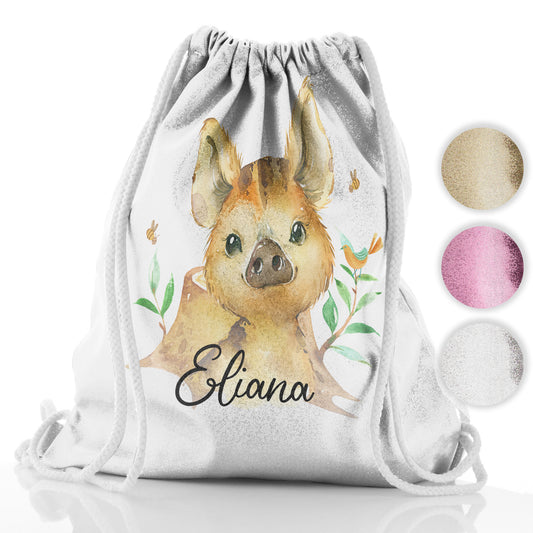 Personalised Glitter Drawstring Backpack with Wild Boar Piglet with Bird and Bees and Cute Text