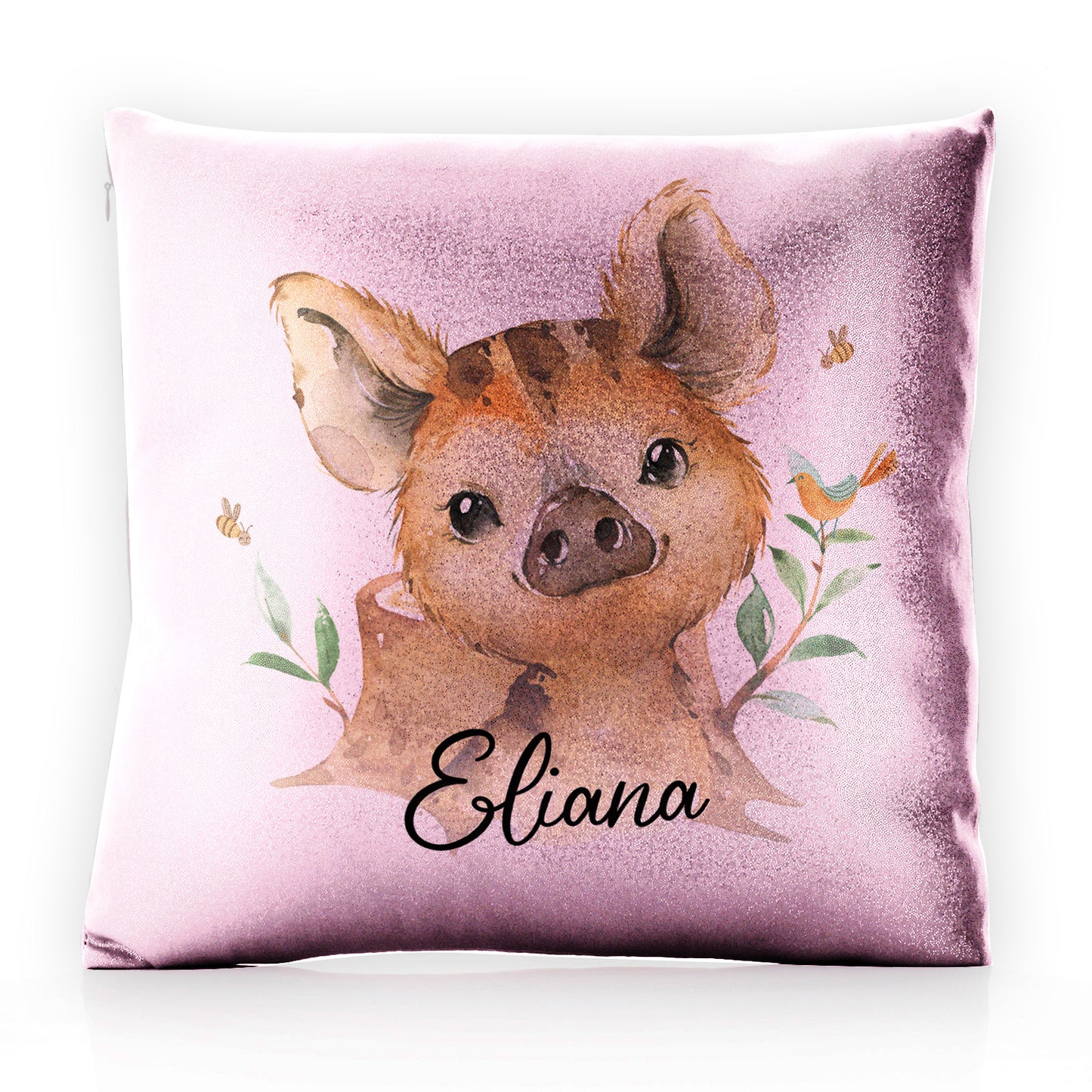 Personalised Glitter Cushion with Wild Boar Piglet with Bird and Bees and Cute Text
