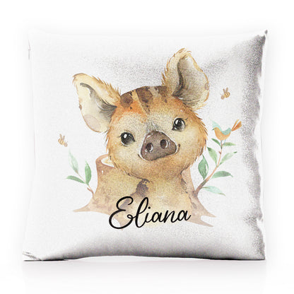 Personalised Glitter Cushion with Wild Boar Piglet with Bird and Bees and Cute Text