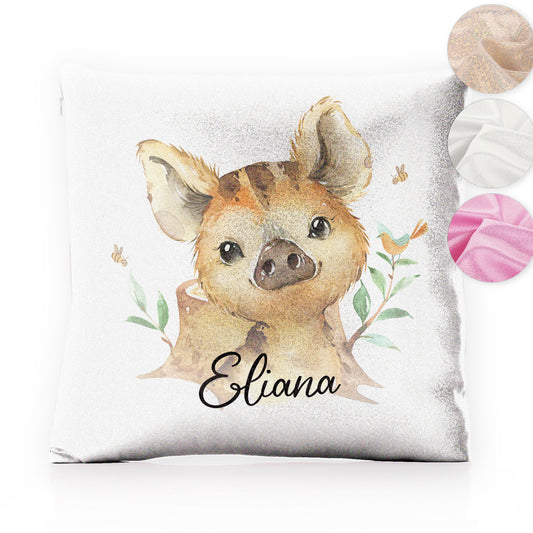 Personalised Glitter Cushion with Wild Boar Piglet with Bird and Bees and Cute Text