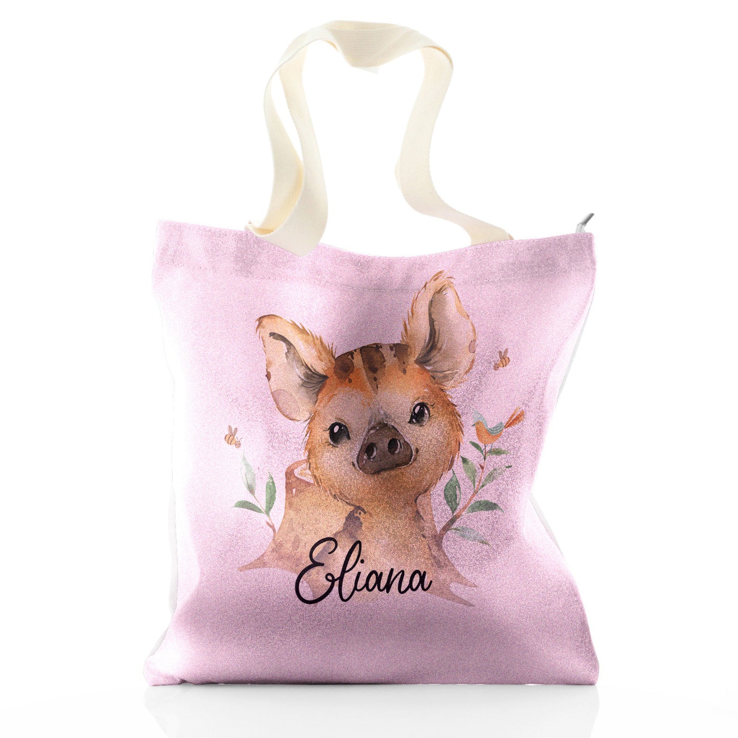Personalised Glitter Tote Bag with Wild Boar Piglet with Bird and Bees and Cute Text