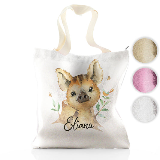 Personalised Glitter Tote Bag with Wild Boar Piglet with Bird and Bees and Cute Text