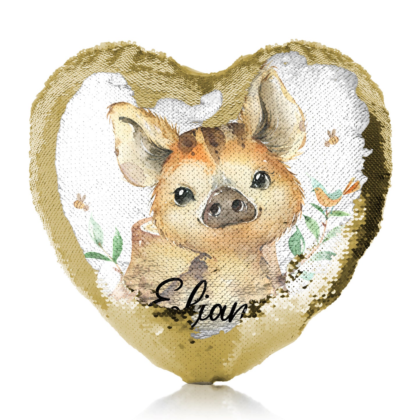 Personalised Sequin Heart Cushion with Wild Boar Piglet with Bird and Bees and Cute Text