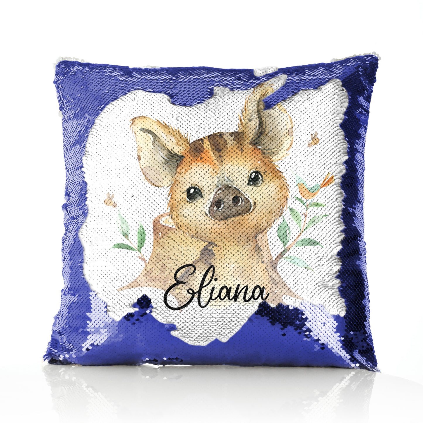 Personalised Sequin Cushion with Wild Boar Piglet with Bird and Bees and Cute Text
