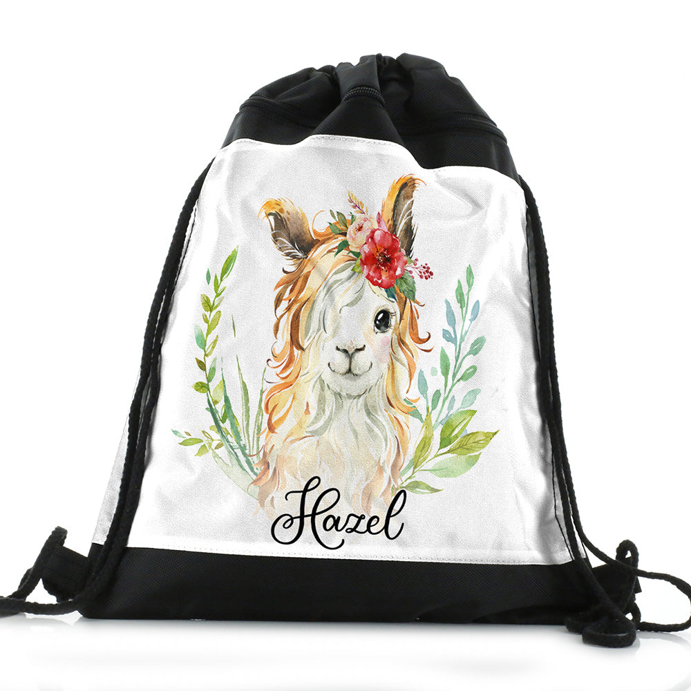 Personalised Goat Red Flower Hair and Name Black Drawstring Backpack