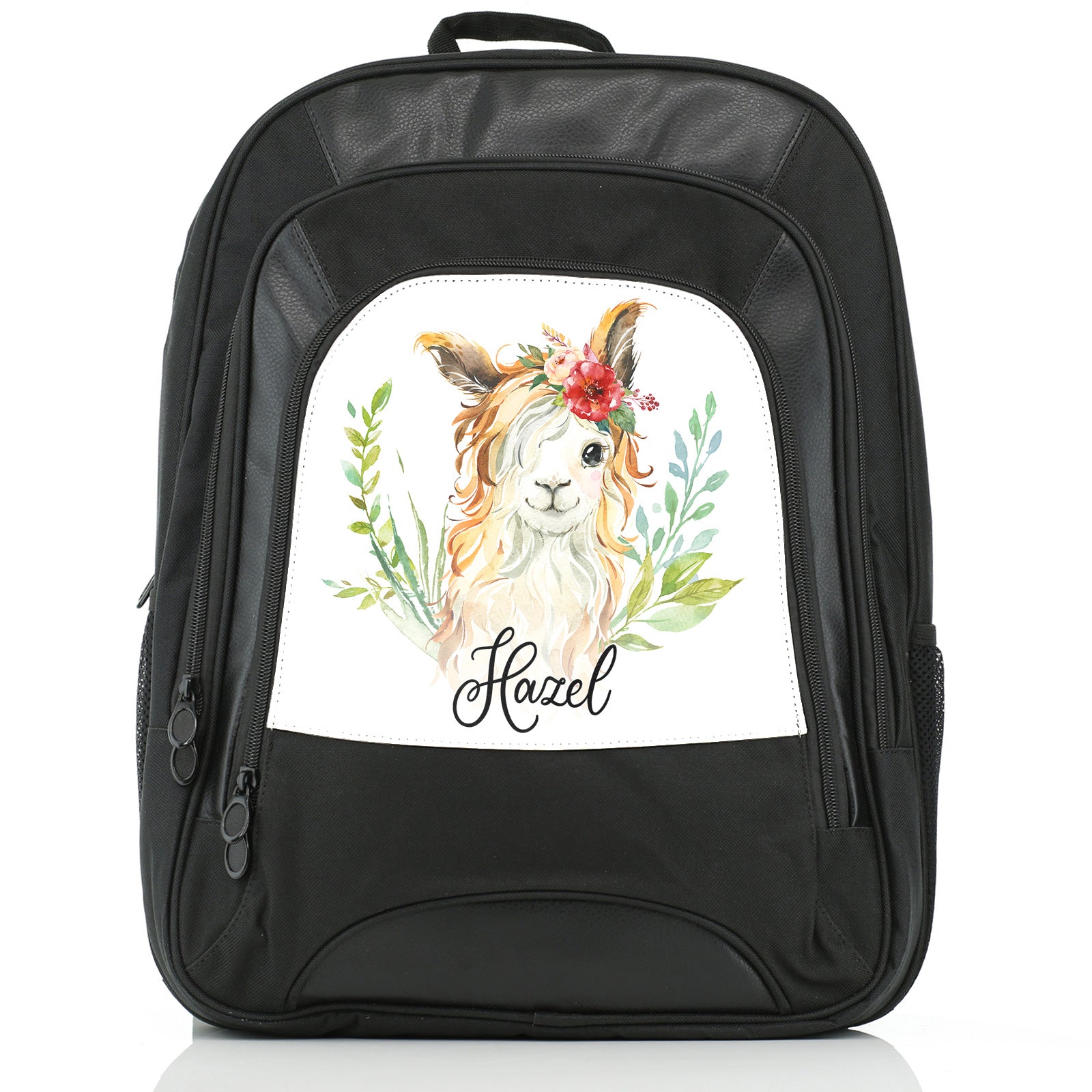 Personalised Large Multifunction Backpack with White Goat with Red Flower Hair and Cute Text
