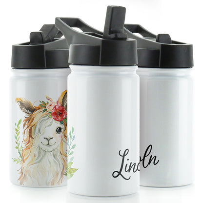 Personalised Goat with Red Flower and Name White Sports Flask