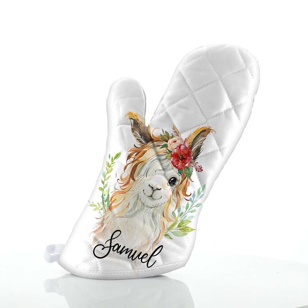 Personalised Goat Red Flower Hair and Name Oven Glove