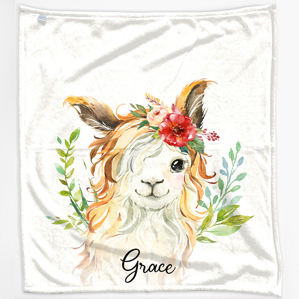Personalised Goat Red Flower Hair and Name Baby Blanket