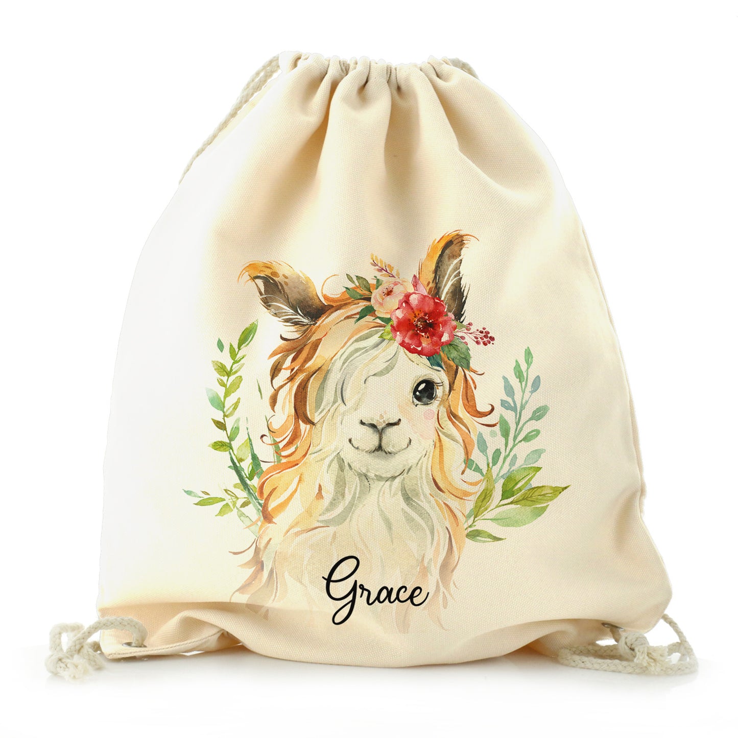 Personalised Canvas Drawstring Backpack with White Goat with Red Flower Hair and Cute Text