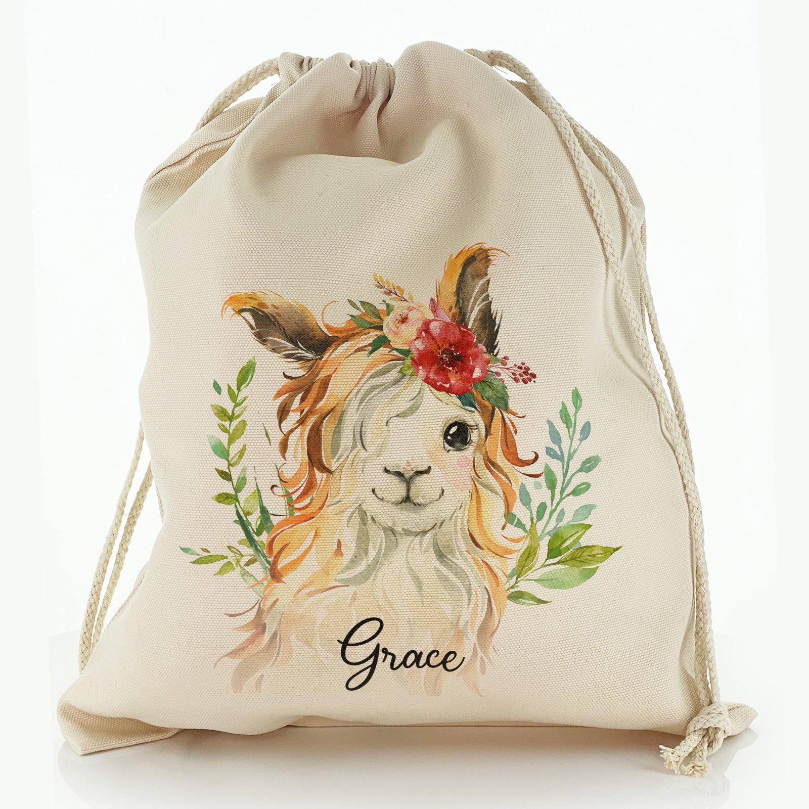 Personalised Canvas Sack with White Goat with Red Flower Hair and Cute Text