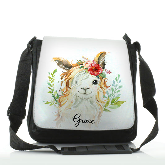 Personalised Shoulder Bag with White Goat with Red Flower Hair and Cute Text