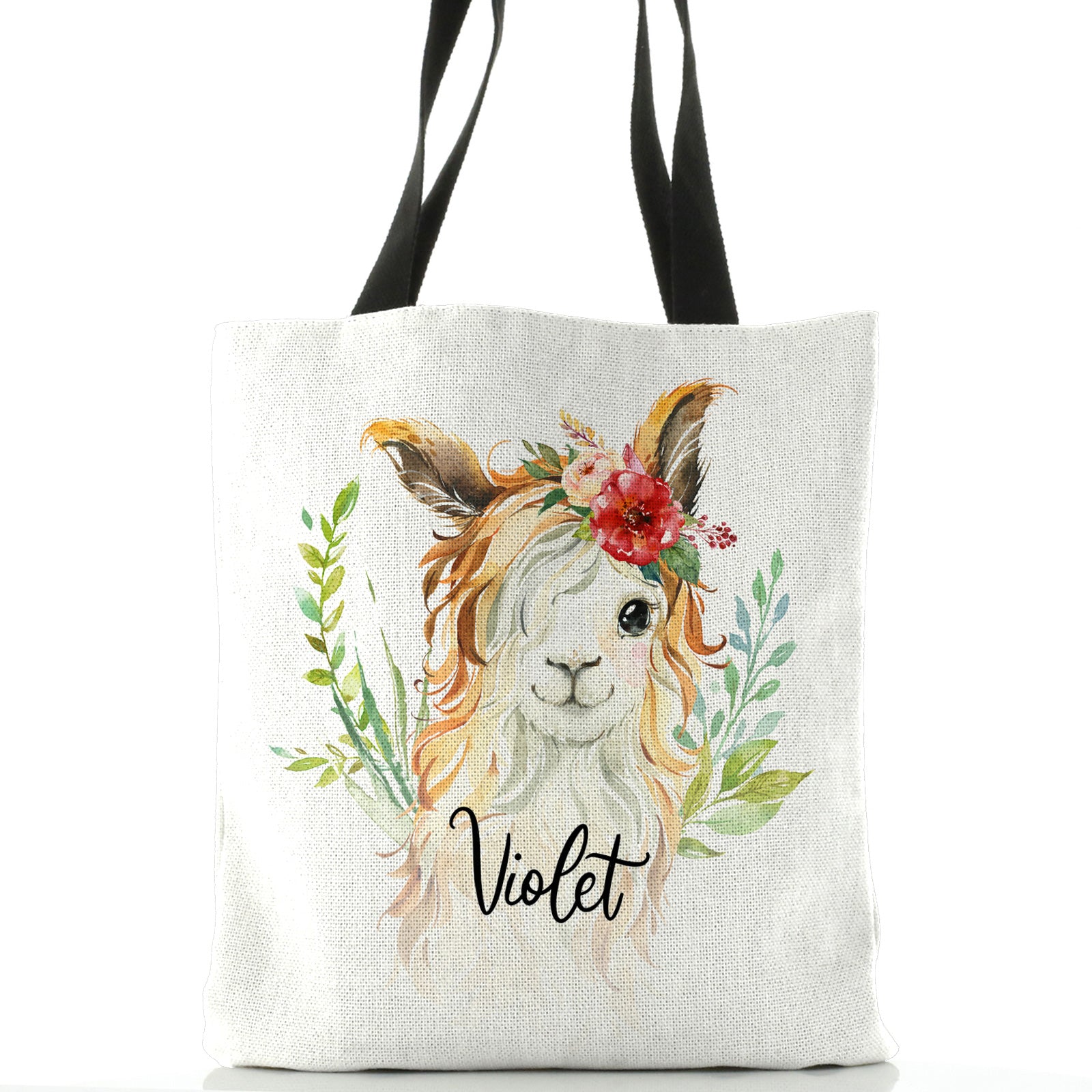 Personalised White Tote Bag with White Goat with Red Flower Hair and Cute Text
