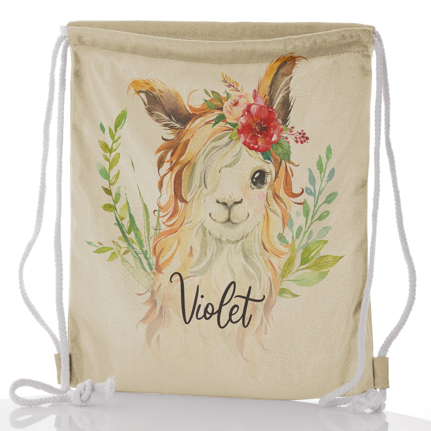 Personalised Glitter Drawstring Backpack with White Goat with Red Flower Hair and Cute Text