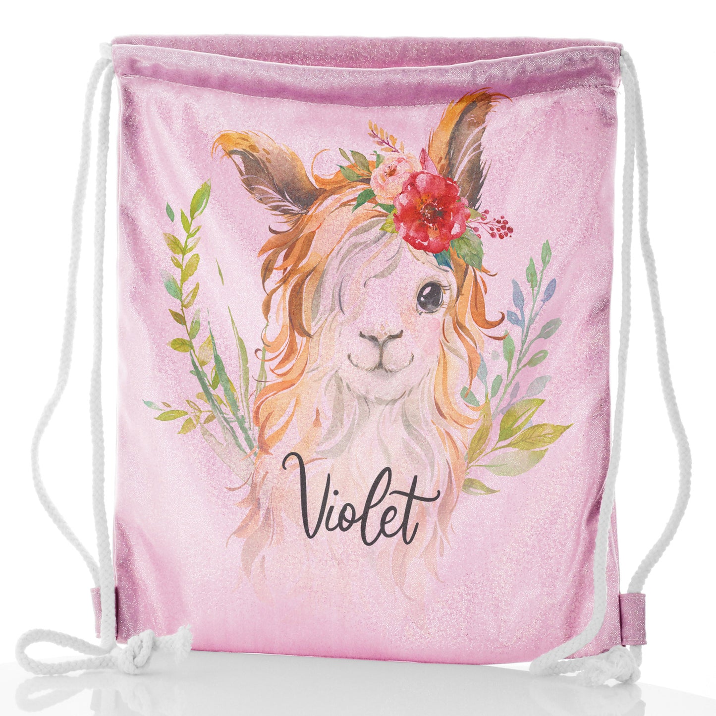 Personalised Glitter Drawstring Backpack with White Goat with Red Flower Hair and Cute Text