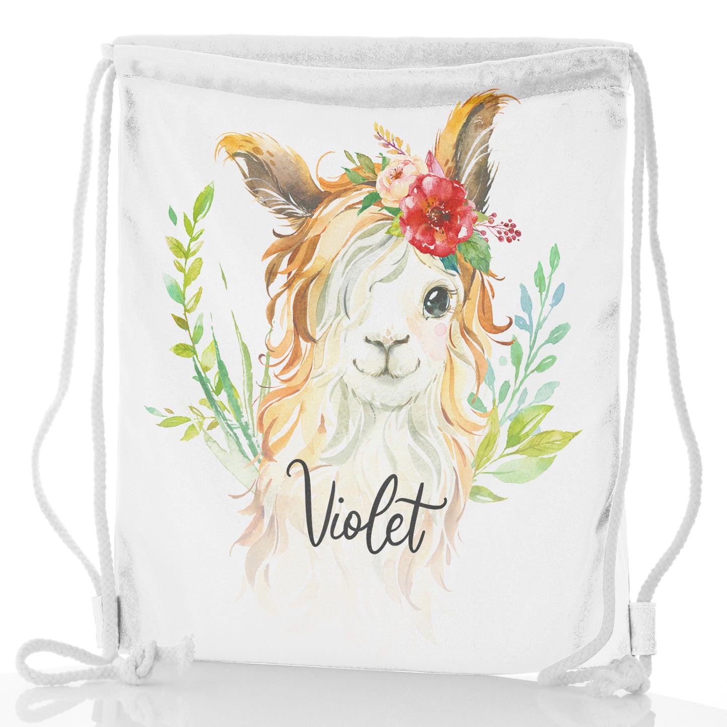 Personalised Glitter Drawstring Backpack with White Goat with Red Flower Hair and Cute Text