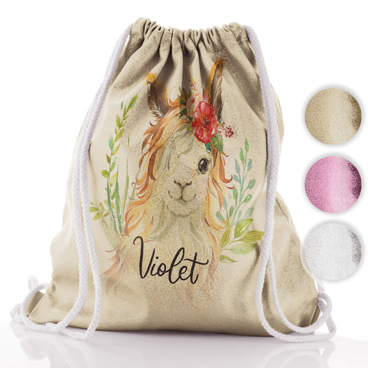Personalised Glitter Drawstring Backpack with White Goat with Red Flower Hair and Cute Text