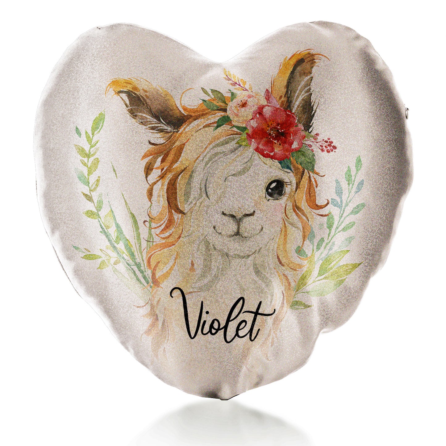 Personalised Glitter Heart Cushion with White Goat with Red Flower Hair and Cute Text
