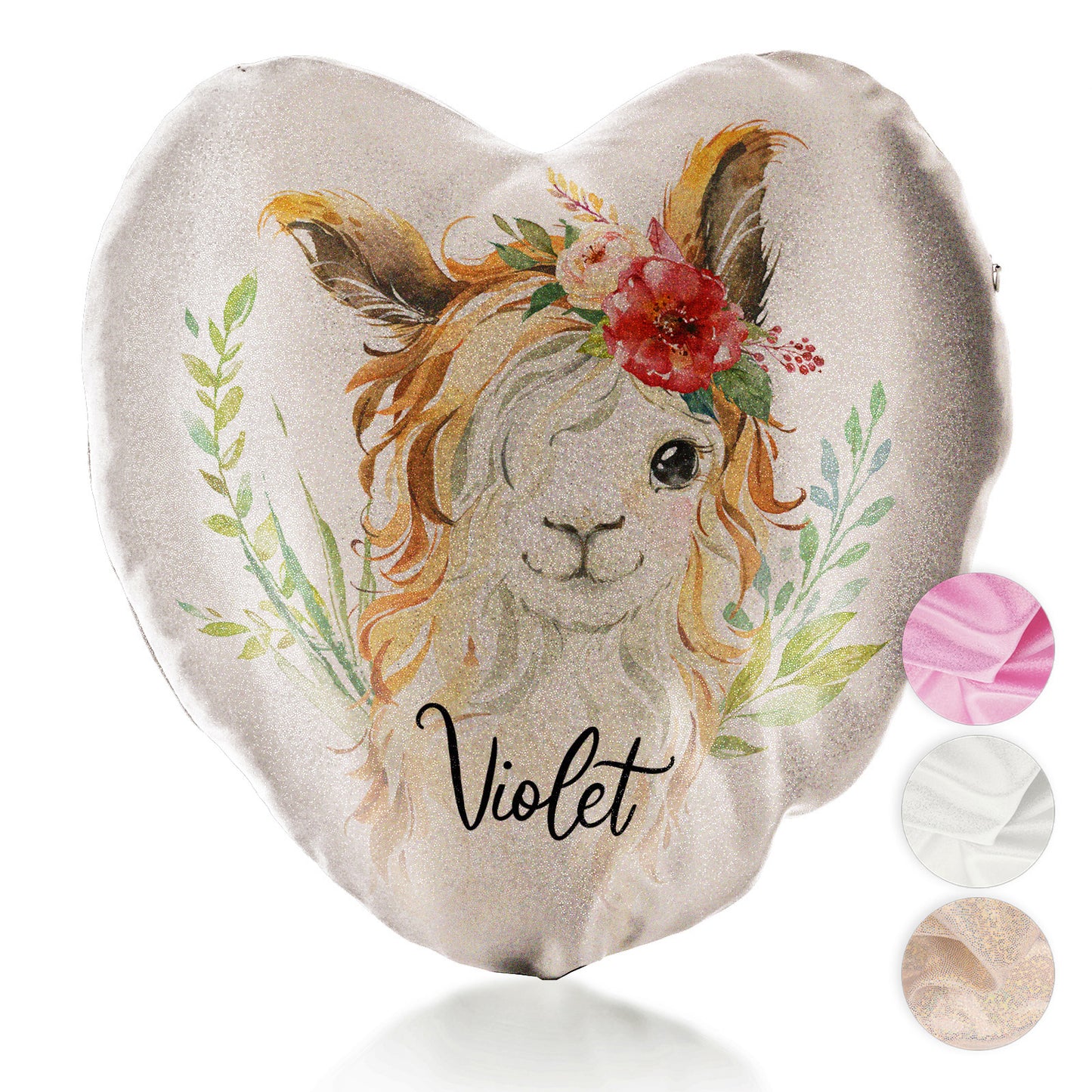 Personalised Glitter Heart Cushion with White Goat with Red Flower Hair and Cute Text