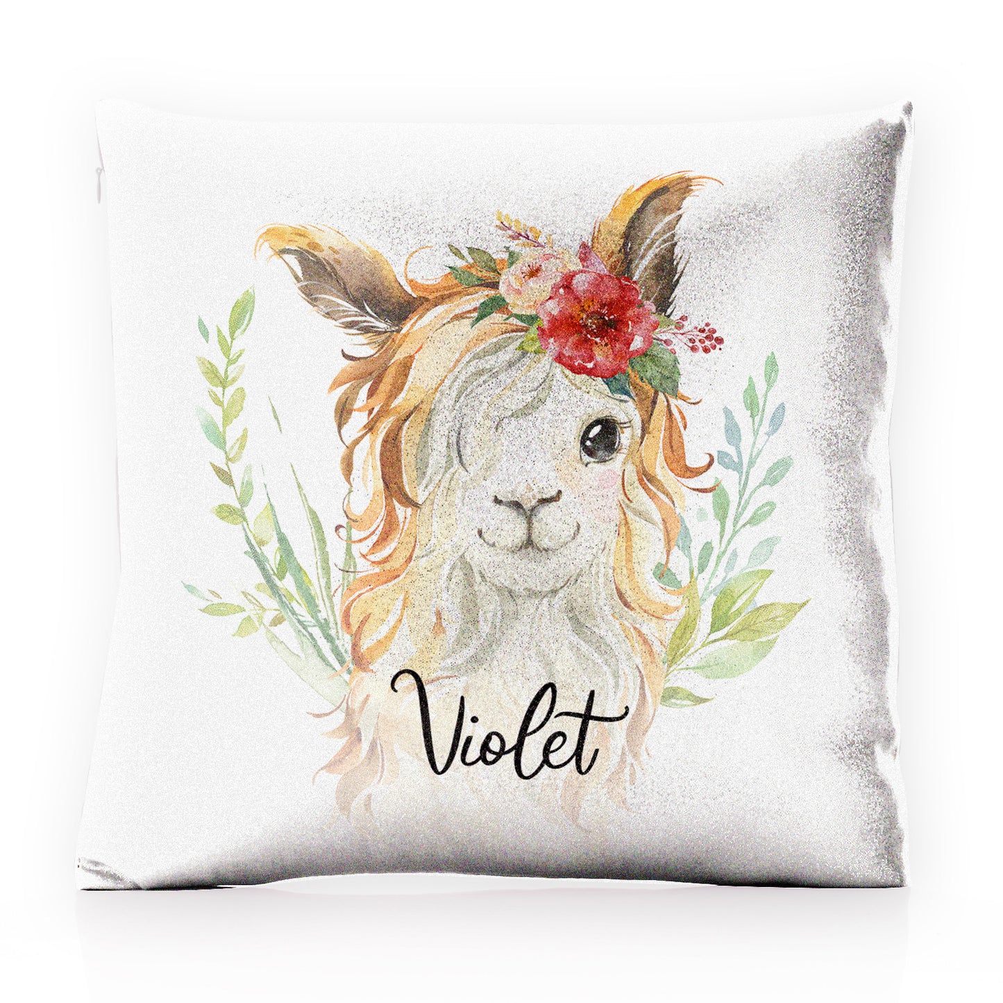 Personalised Glitter Cushion with White Goat with Red Flower Hair and Cute Text