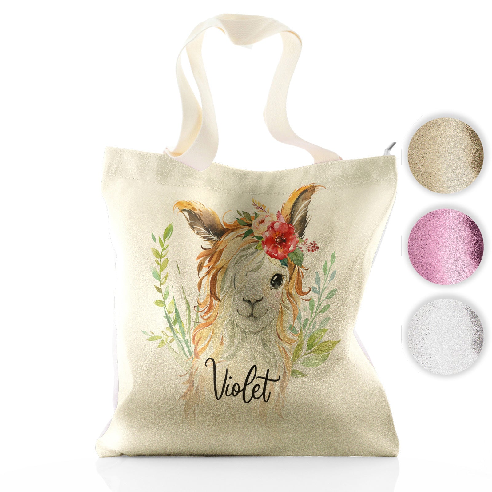 Personalised Glitter Tote Bag with White Goat with Red Flower Hair and Cute Text