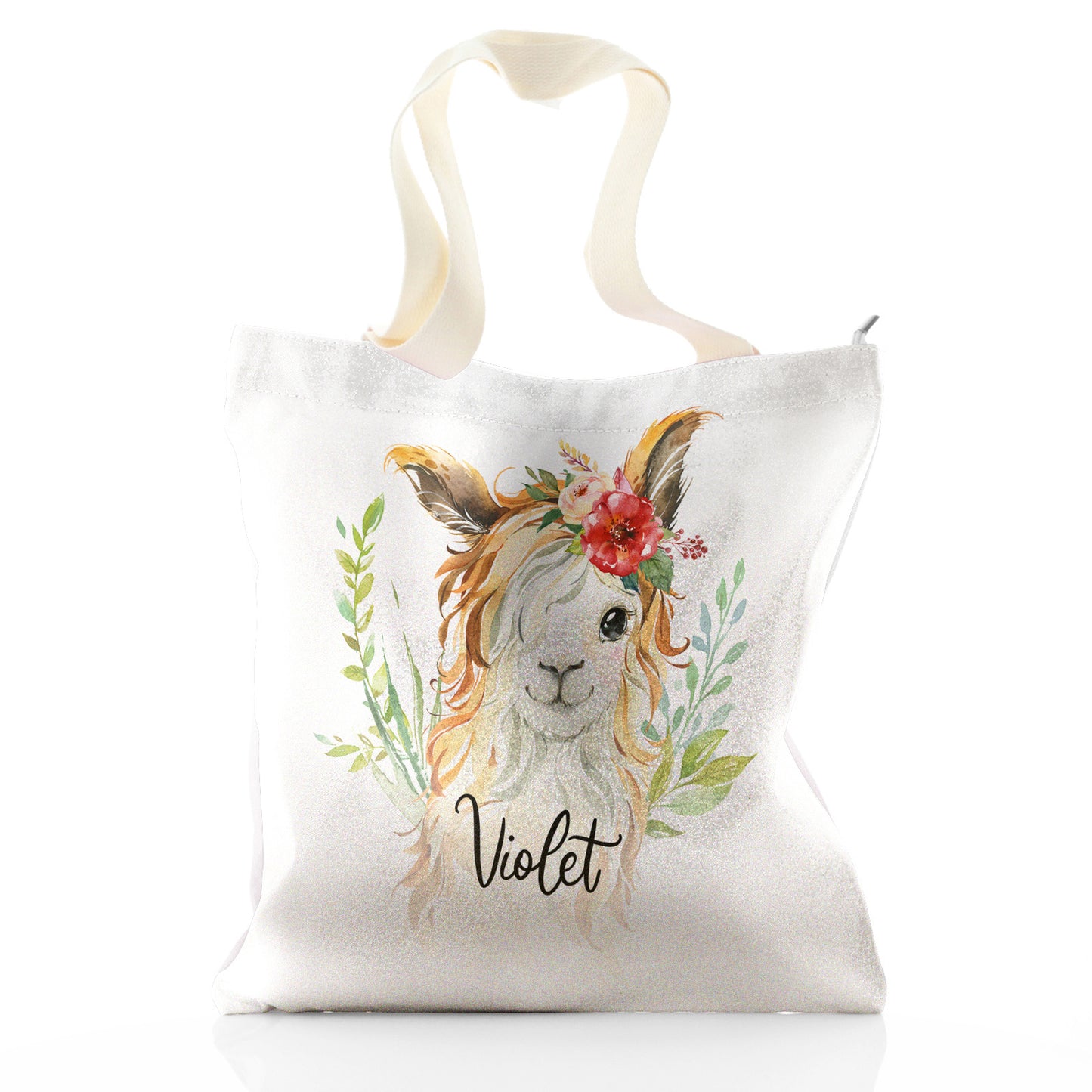 Personalisierte Glitzer-Einkaufstasche mit weißer Ziege mit rotem Blumenhaar und süßem Text