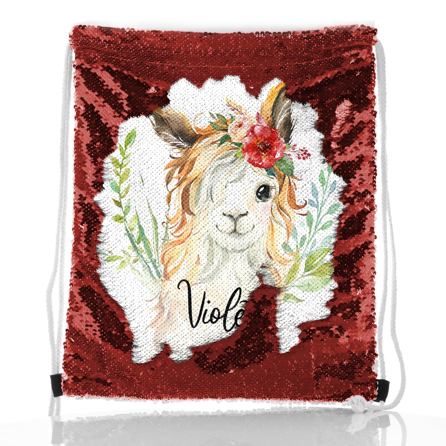Personalised Sequin Drawstring Backpack with White Goat with Red Flower Hair and Cute Text