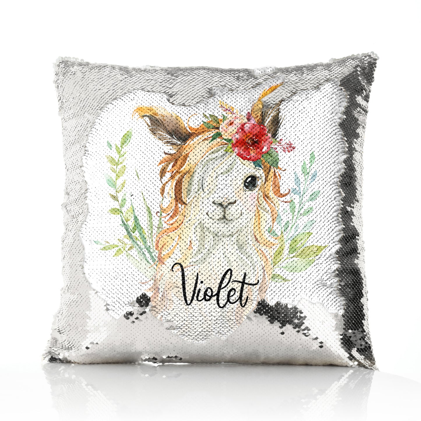 Personalised Sequin Cushion with White Goat with Red Flower Hair and Cute Text