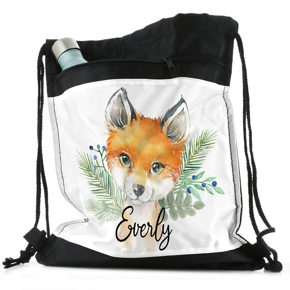 Personalised Red Fox Blue Berries and Name Black Drawstring Backpack