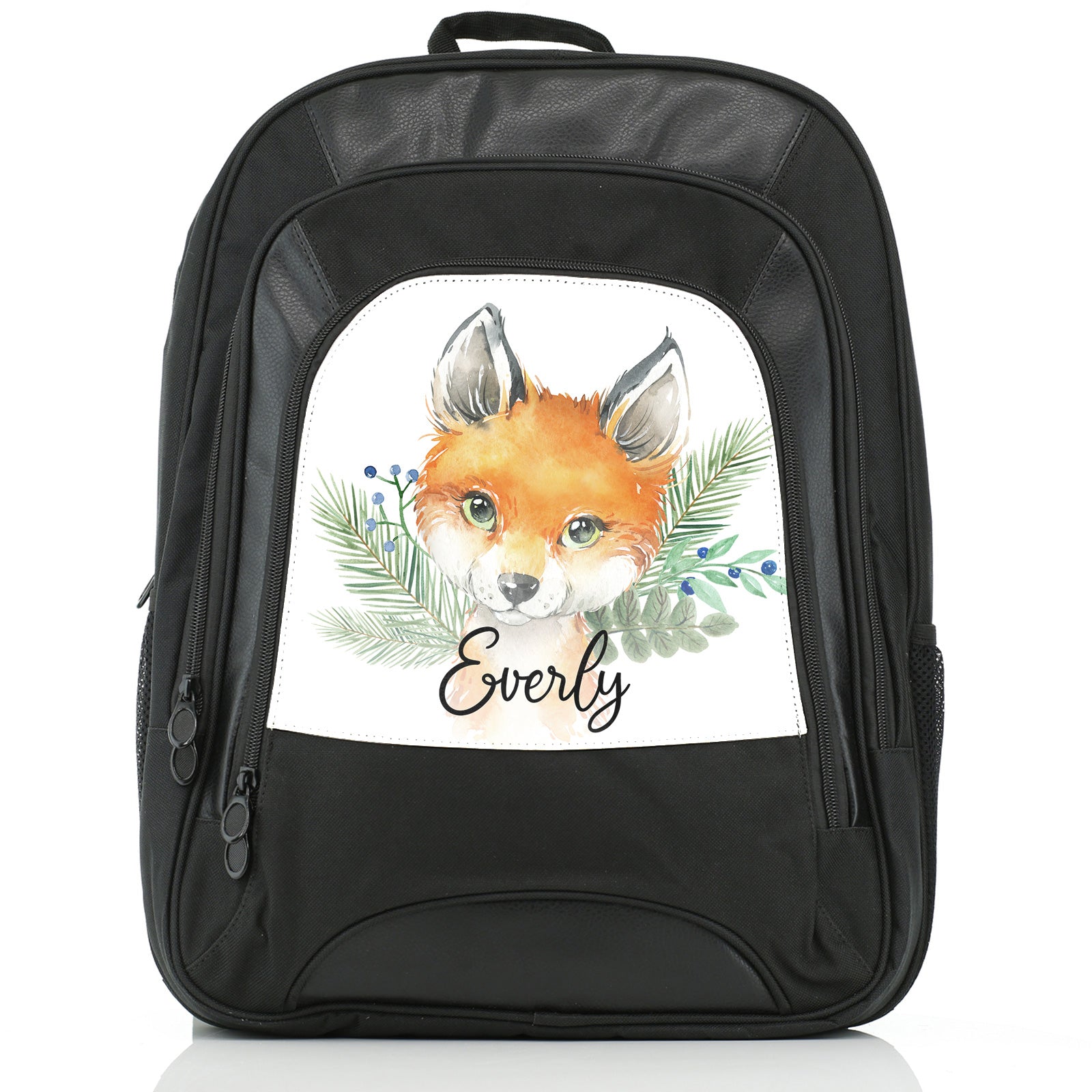 Personalised Large Multifunction Backpack with Red Fox Blue Berries and Cute Text