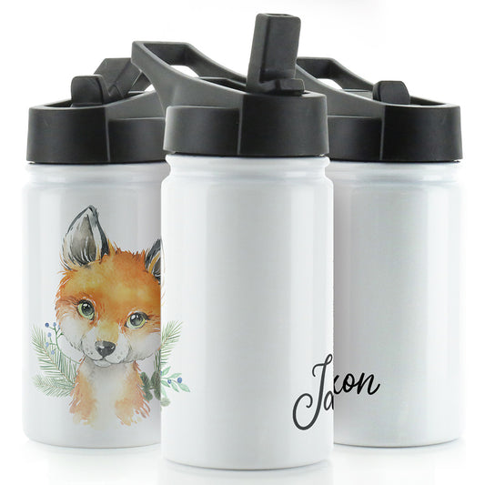 Personalised Red Fox Blue Berries and Name White Sports Flask