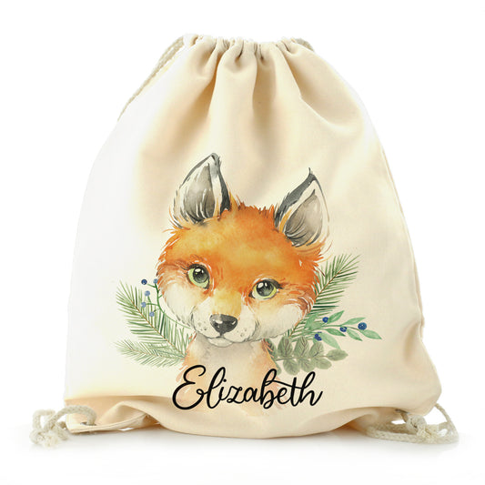 Personalised Canvas Drawstring Backpack with Red Fox Blue Berries and Cute Text