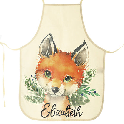 Personalised Canvas Apron with Red Fox Blue Berries and Name Design