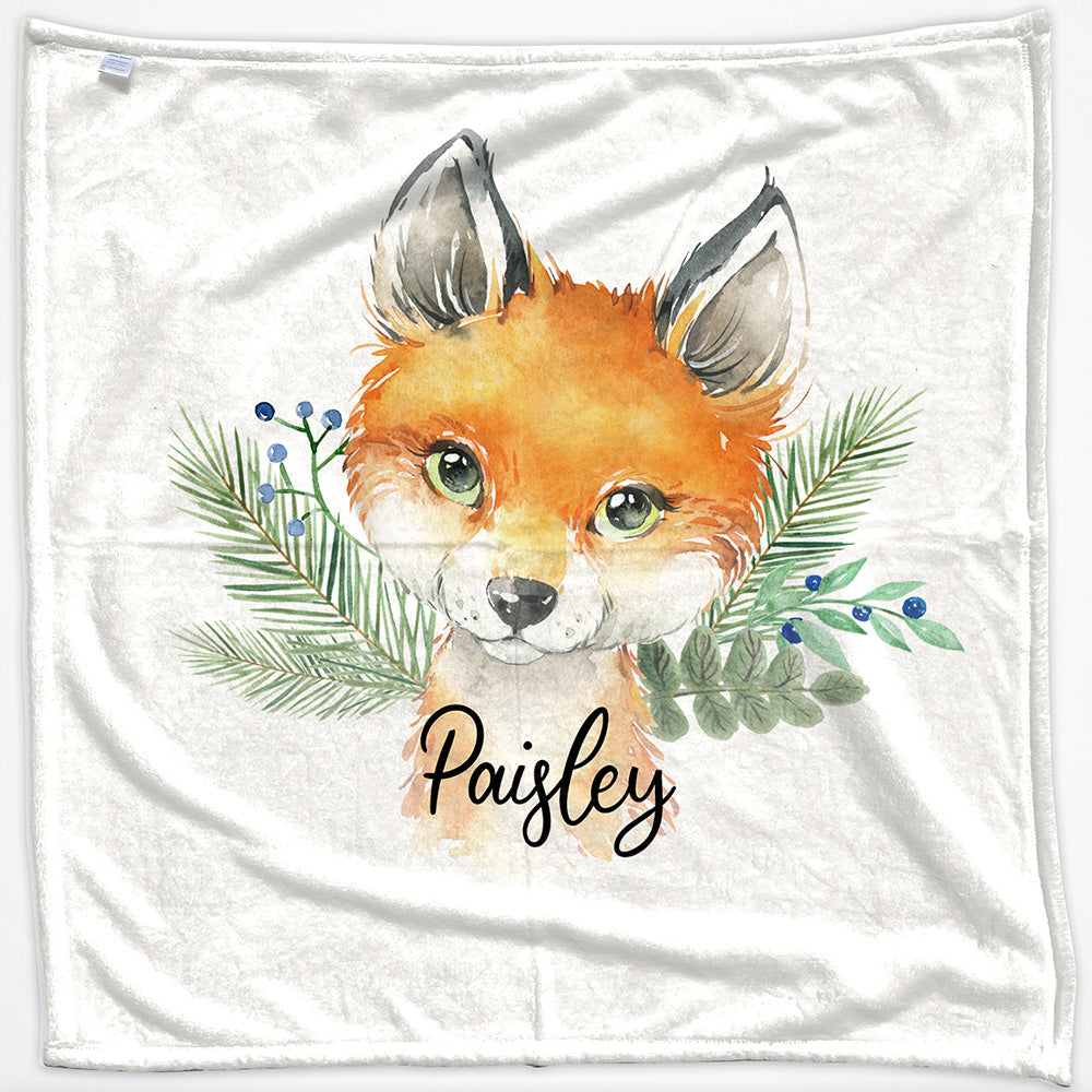 Personalised Red Fox Blue Berries and Name Baby Blanket