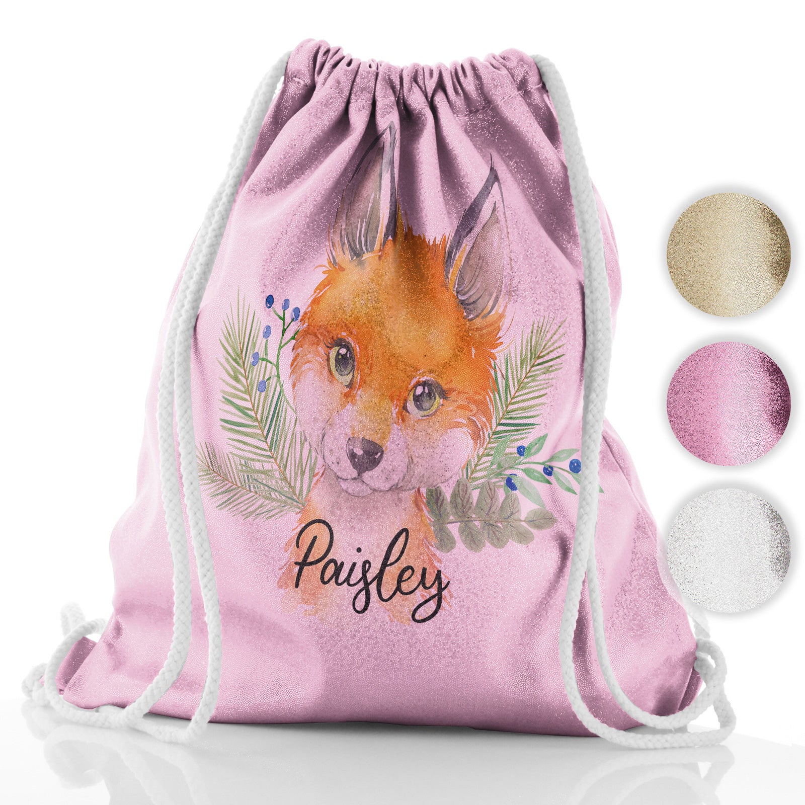Personalised Glitter Drawstring Backpack with Red Fox Blue Berries and Cute Text