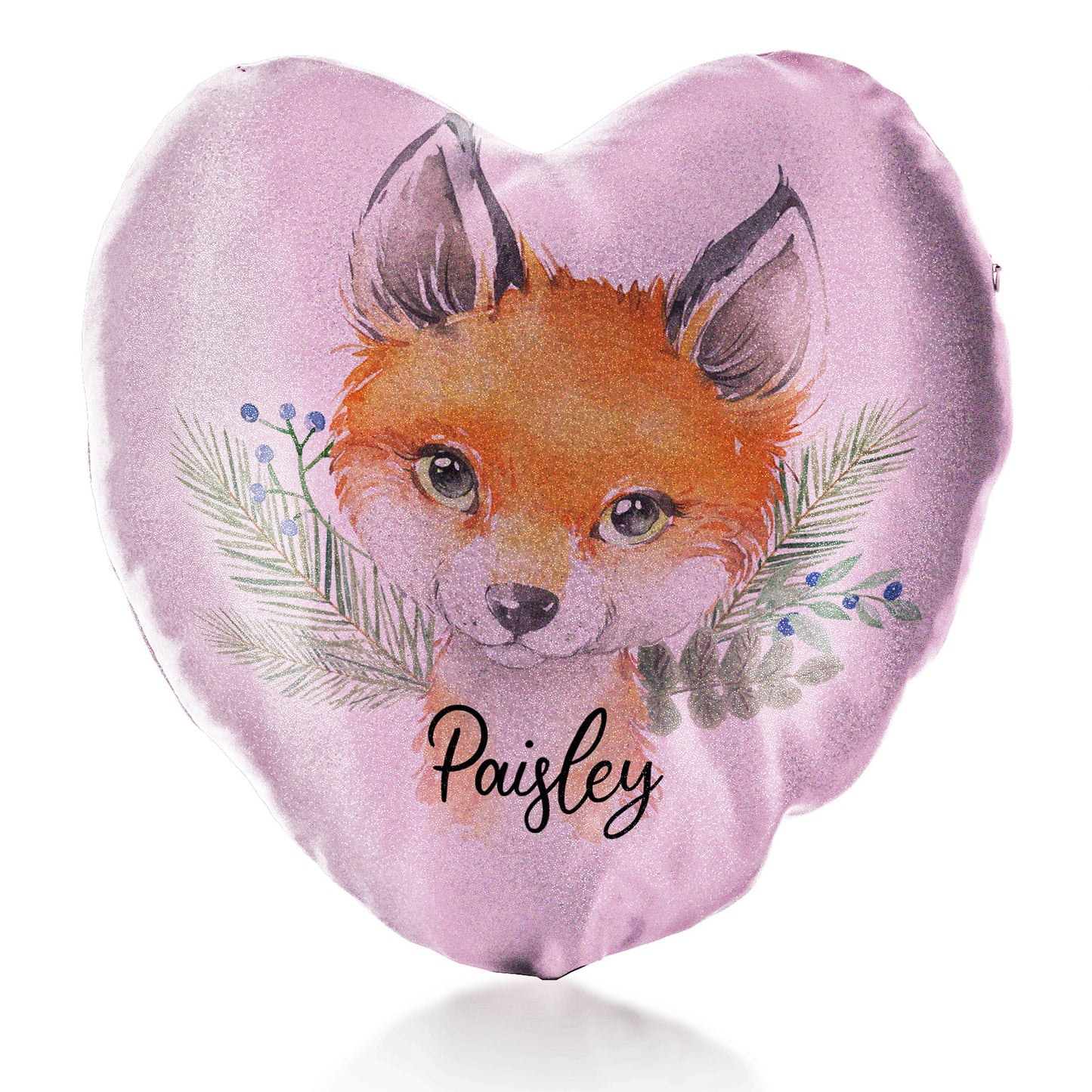 Personalised Glitter Heart Cushion with Red Fox Blue Berries and Cute Text