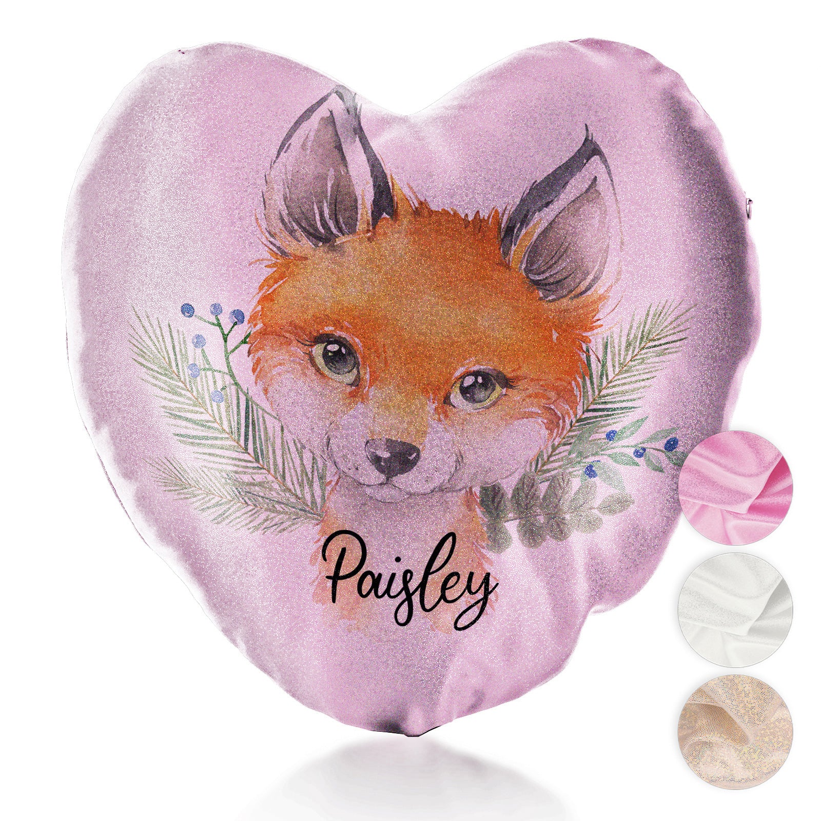 Personalised Glitter Heart Cushion with Red Fox Blue Berries and Cute Text