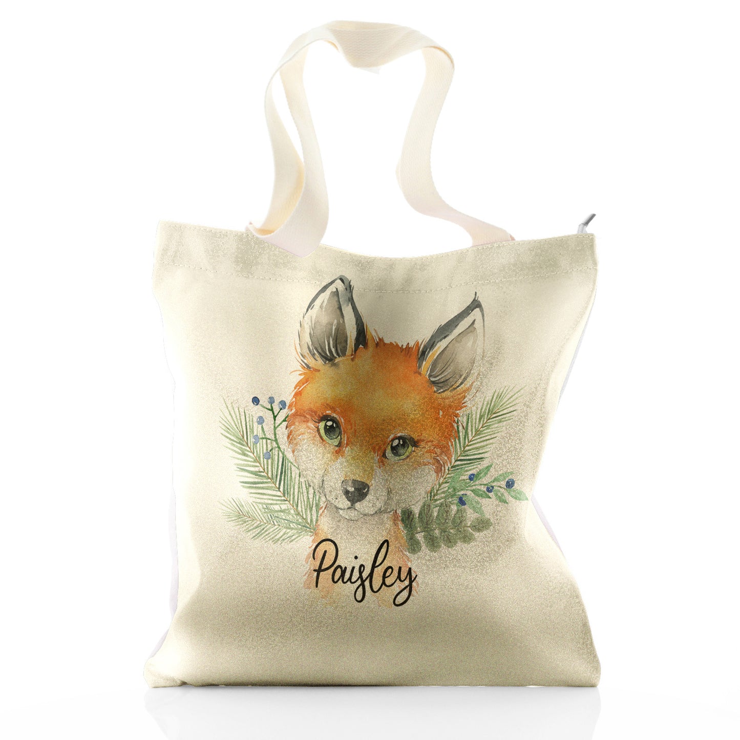 Personalised Glitter Tote Bag with Red Fox Blue Berries and Cute Text