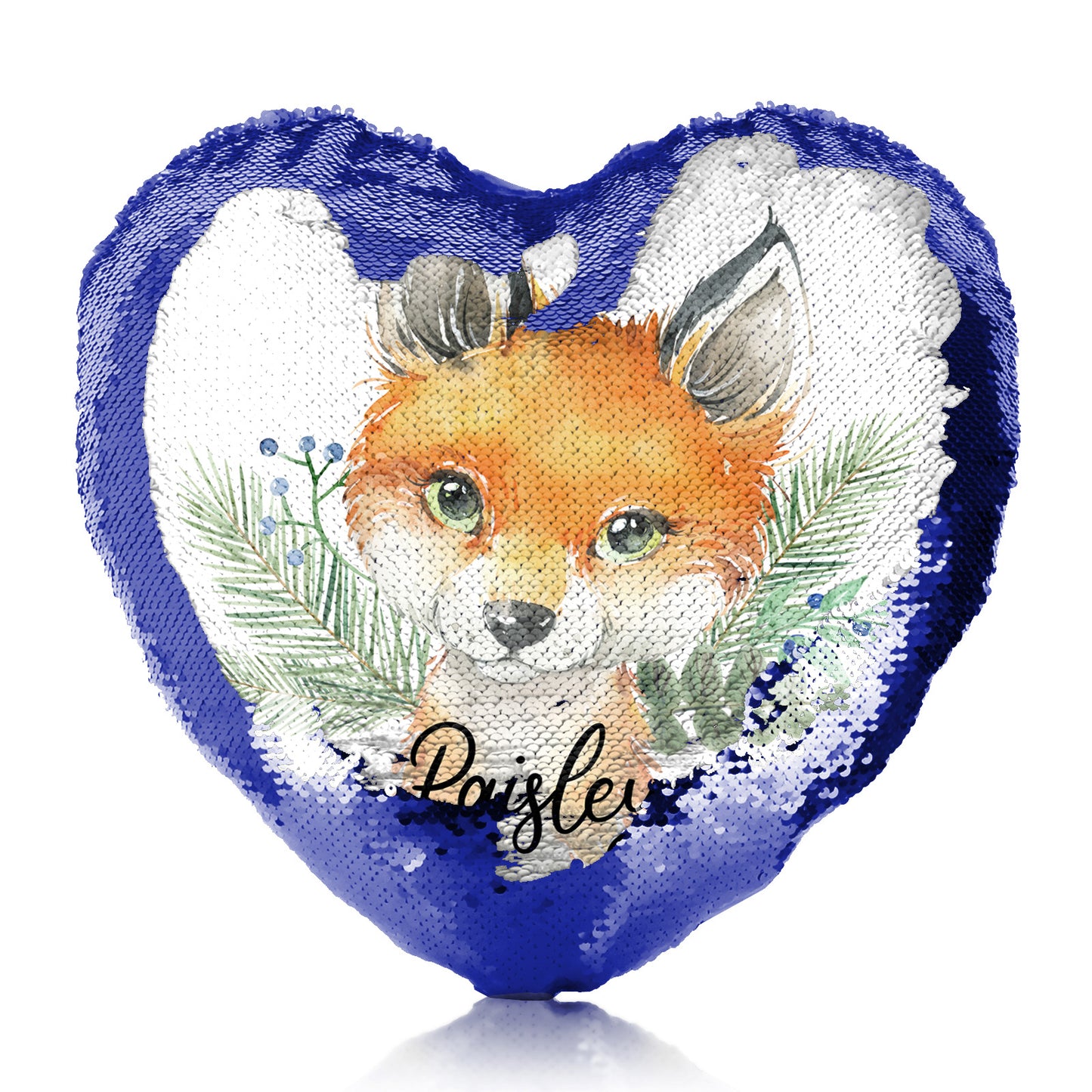 Personalised Sequin Heart Cushion with Red Fox Blue Berries and Cute Text