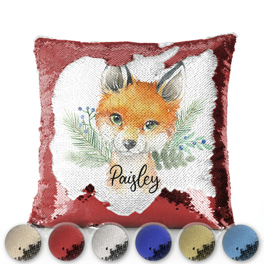 Personalised Sequin Cushion with Red Fox Blue Berries and Cute Text