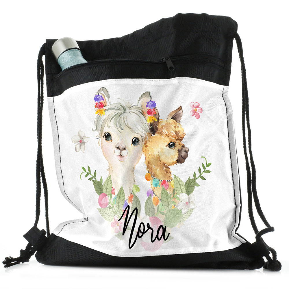 Personalised Alpacas Baubles and Name Black Drawstring Backpack