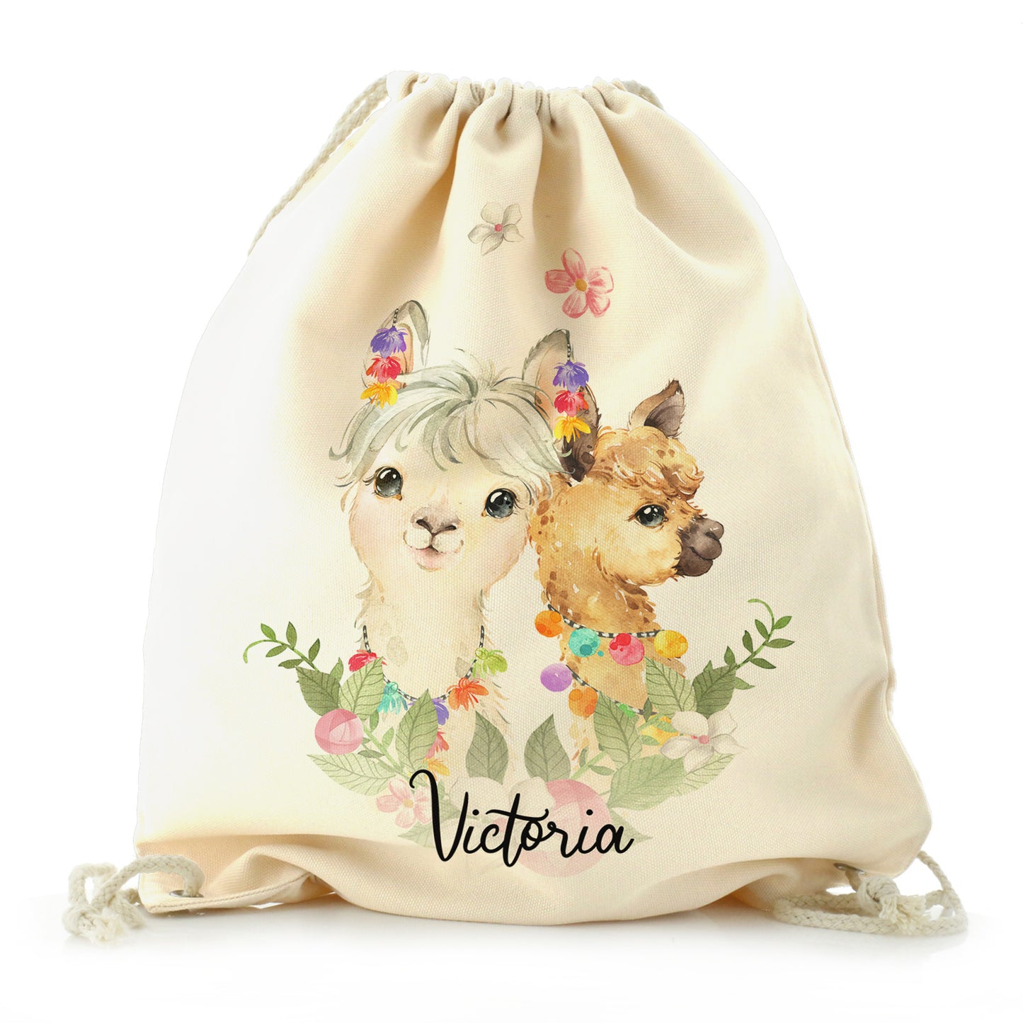 Personalised Canvas Drawstring Backpack with Alpacas Multicolour Baubles and Cute Text