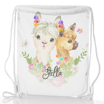 Personalised Glitter Drawstring Backpack with Alpacas Multicolour Baubles and Cute Text