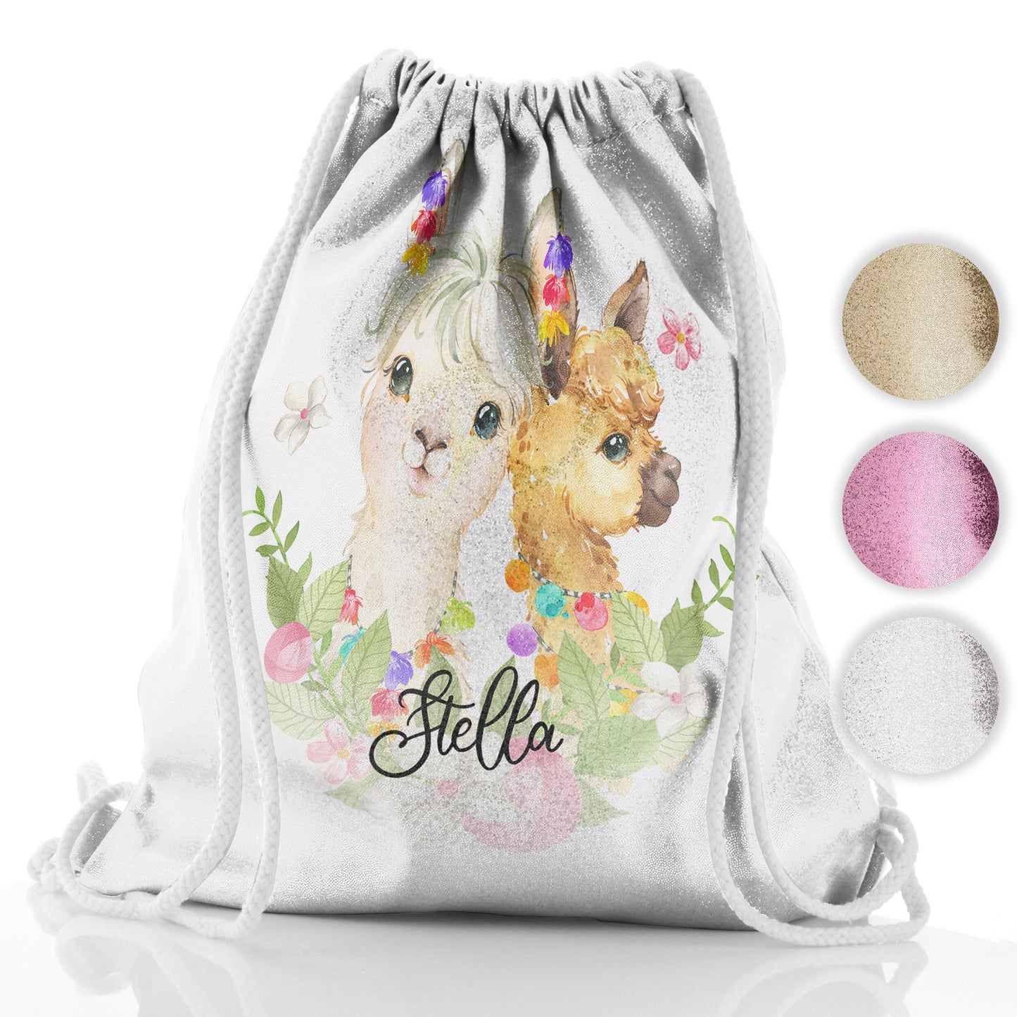 Personalised Glitter Drawstring Backpack with Alpacas Multicolour Baubles and Cute Text
